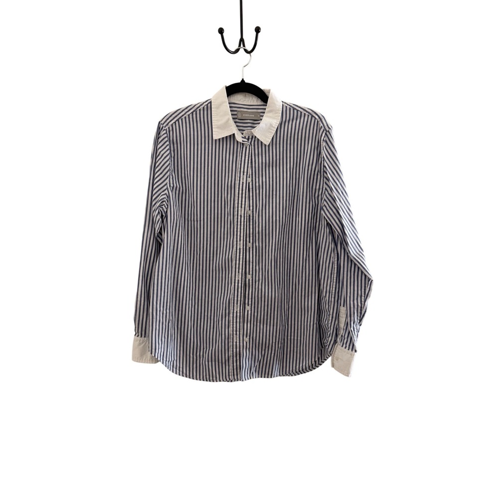 Everlane Womens Blue White Striped Cotton Button Down Shirt Contrast Collar 8